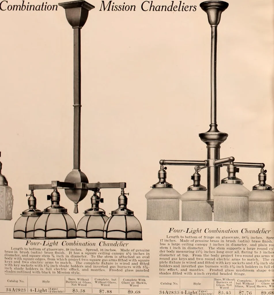 An illustration from Electric, gas, and combination lighting fixtures : table lamps, floor lamps, electrical wiring material, lighting glassware / Sears, Roebuck and Co., 1900, leaf 74
