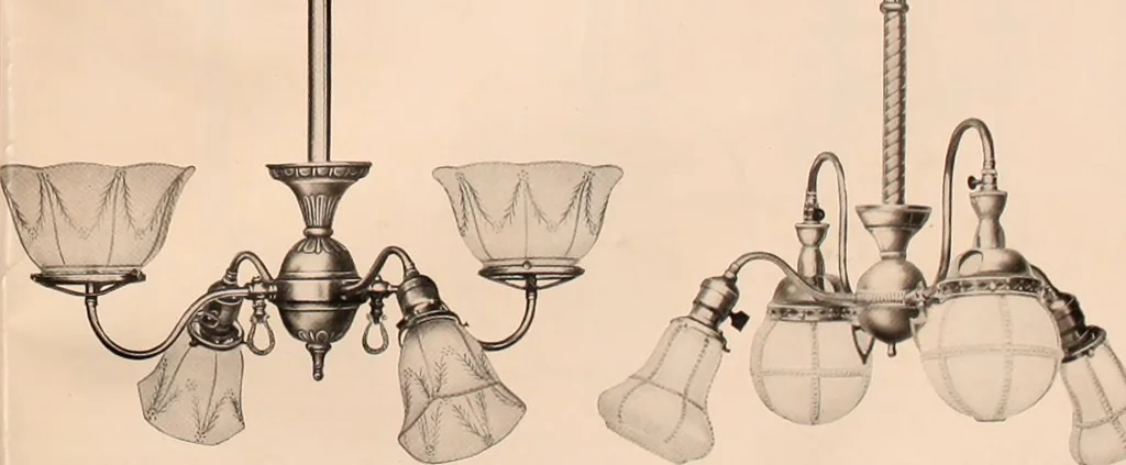 An illustration from Electric, gas, and combination lighting fixtures : table lamps, floor lamps, electrical wiring material, lighting glassware / Sears, Roebuck and Co., 1900, leaf 77