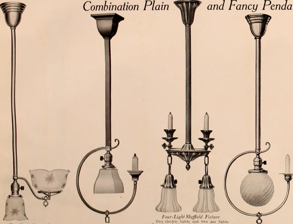 An illustration from Electric, gas, and combination lighting fixtures : table lamps, floor lamps, electrical wiring material, lighting glassware / Sears, Roebuck and Co., 1900, leaf 78