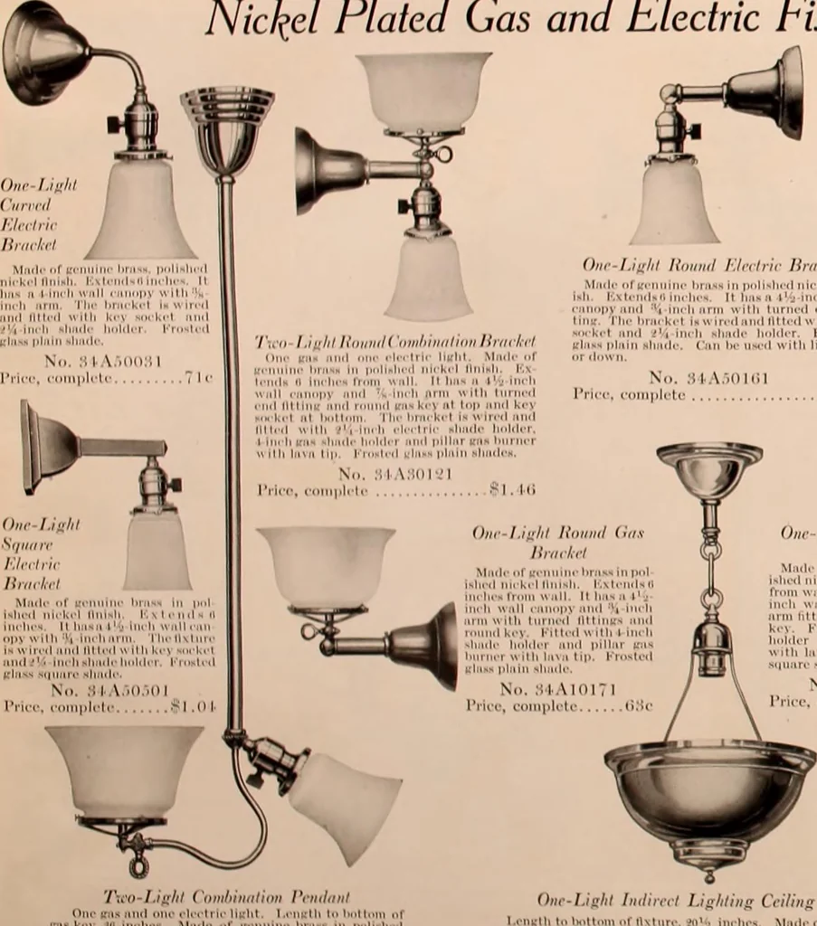An illustration from Electric, gas, and combination lighting fixtures : table lamps, floor lamps, electrical wiring material, lighting glassware / Sears, Roebuck and Co., 1900, leaf 82