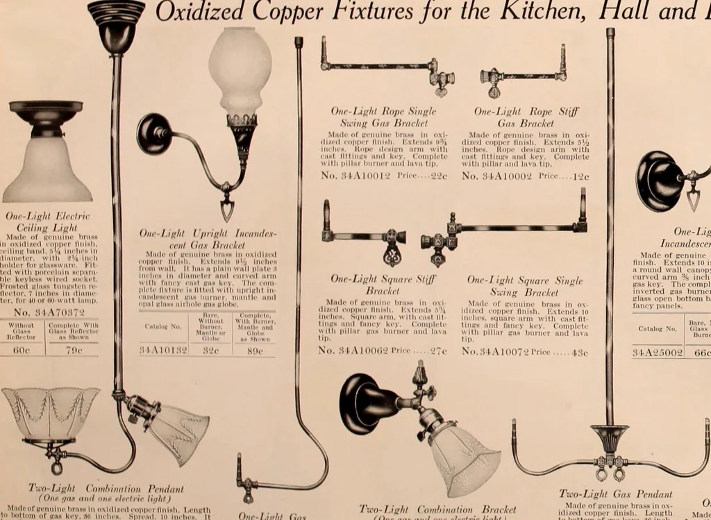 An illustration from Electric, gas, and combination lighting fixtures : table lamps, floor lamps, electrical wiring material, lighting glassware / Sears, Roebuck and Co., 1900, leaf 84