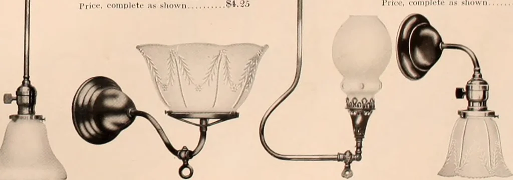 An illustration from Electric, gas, and combination lighting fixtures : table lamps, floor lamps, electrical wiring material, lighting glassware / Sears, Roebuck and Co., 1900, leaf 85