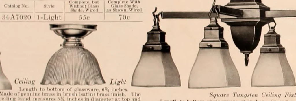 An illustration from Electric, gas, and combination lighting fixtures : table lamps, floor lamps, electrical wiring material, lighting glassware / Sears, Roebuck and Co., 1900, leaf 90