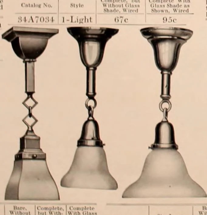 An illustration from Electric, gas, and combination lighting fixtures : table lamps, floor lamps, electrical wiring material, lighting glassware / Sears, Roebuck and Co., 1900, leaf 90