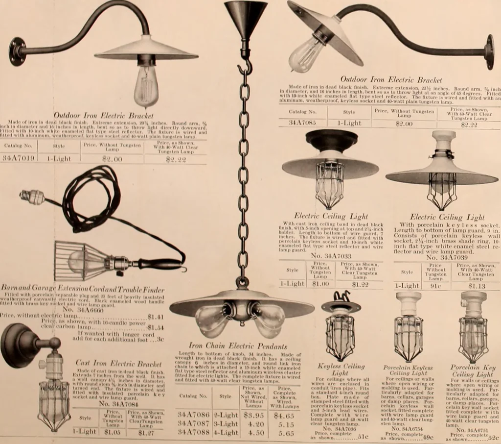 An illustration from Electric, gas, and combination lighting fixtures : table lamps, floor lamps, electrical wiring material, lighting glassware / Sears, Roebuck and Co., 1900, leaf 92