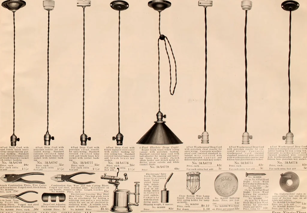An illustration from Electric, gas, and combination lighting fixtures : table lamps, floor lamps, electrical wiring material, lighting glassware / Sears, Roebuck and Co., 1900, leaf 93