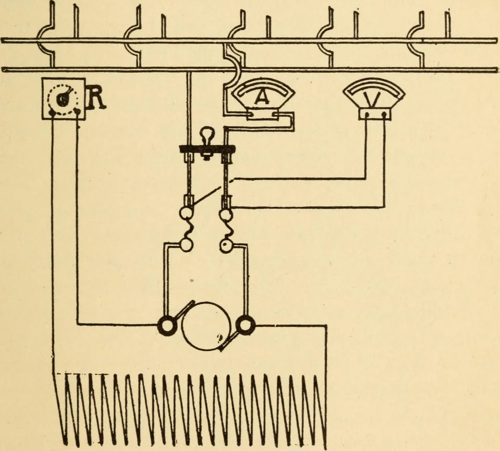 An illustration from Electricians' operating and testing manual; a hand book for men in charge of electrical apparatus, repair men, trouble men, lamp trimmers, and electricians generally, 1916, leaf 115
