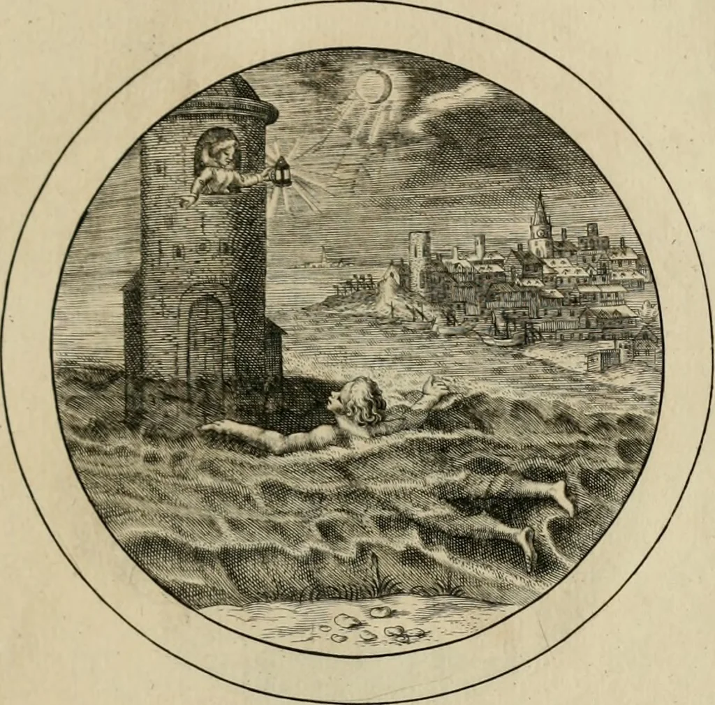 An illustration from Elegantissimorum emblematum corpusculum Latinis Belgicisque versibus elucidatum. Versameling van uytgeleesene sinne-beelden met latynse en nederduitse verklaringen in rym, 1696, leaf 44