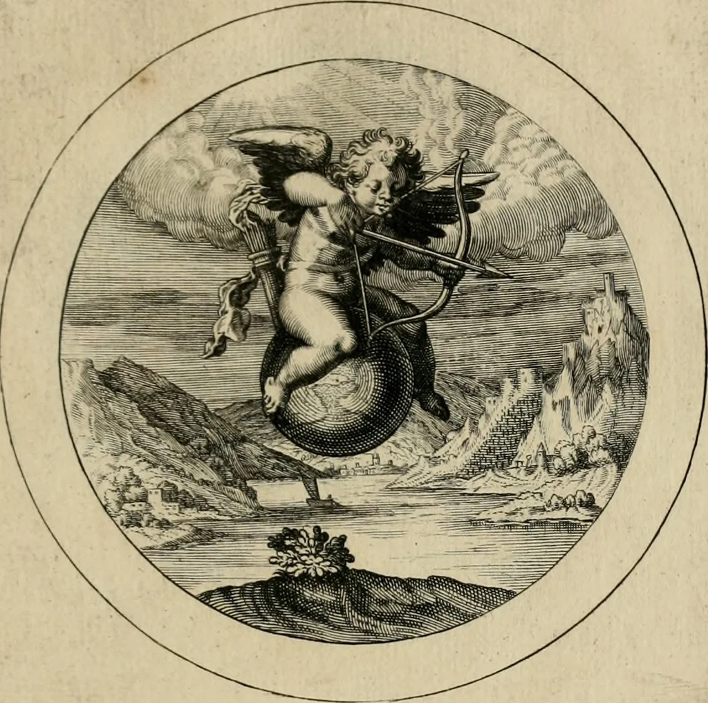An illustration from Elegantissimorum emblematum corpusculum Latinis Belgicisque versibus elucidatum. Versameling van uytgeleesene sinne-beelden met latynse en nederduitse verklaringen in rym, 1696, leaf 46