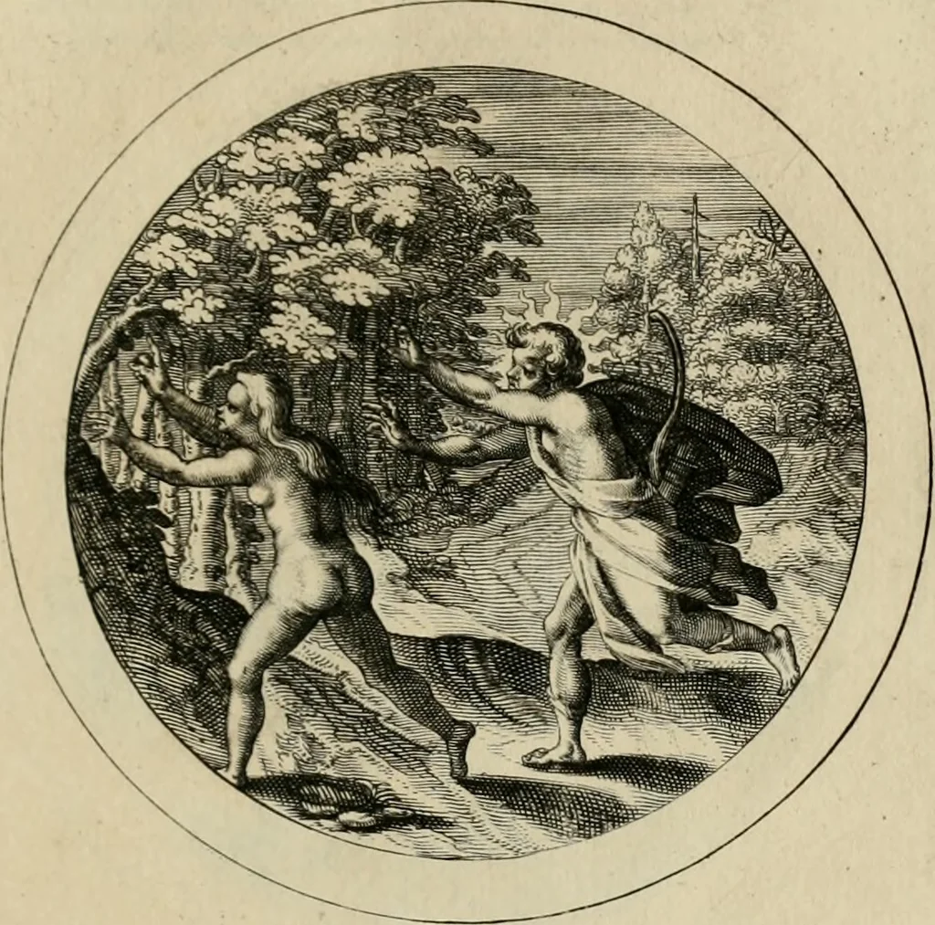 An illustration from Elegantissimorum emblematum corpusculum Latinis Belgicisque versibus elucidatum. Versameling van uytgeleesene sinne-beelden met latynse en nederduitse verklaringen in rym, 1696, leaf 48