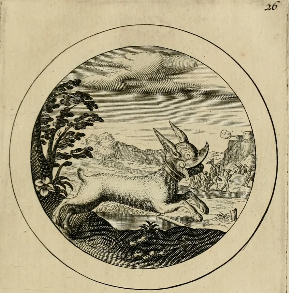 An illustration from Elegantissimorum emblematum corpusculum Latinis Belgicisque versibus elucidatum. Versameling van uytgeleesene sinne-beelden met latynse en nederduitse verklaringen in rym, 1696, leaf 56