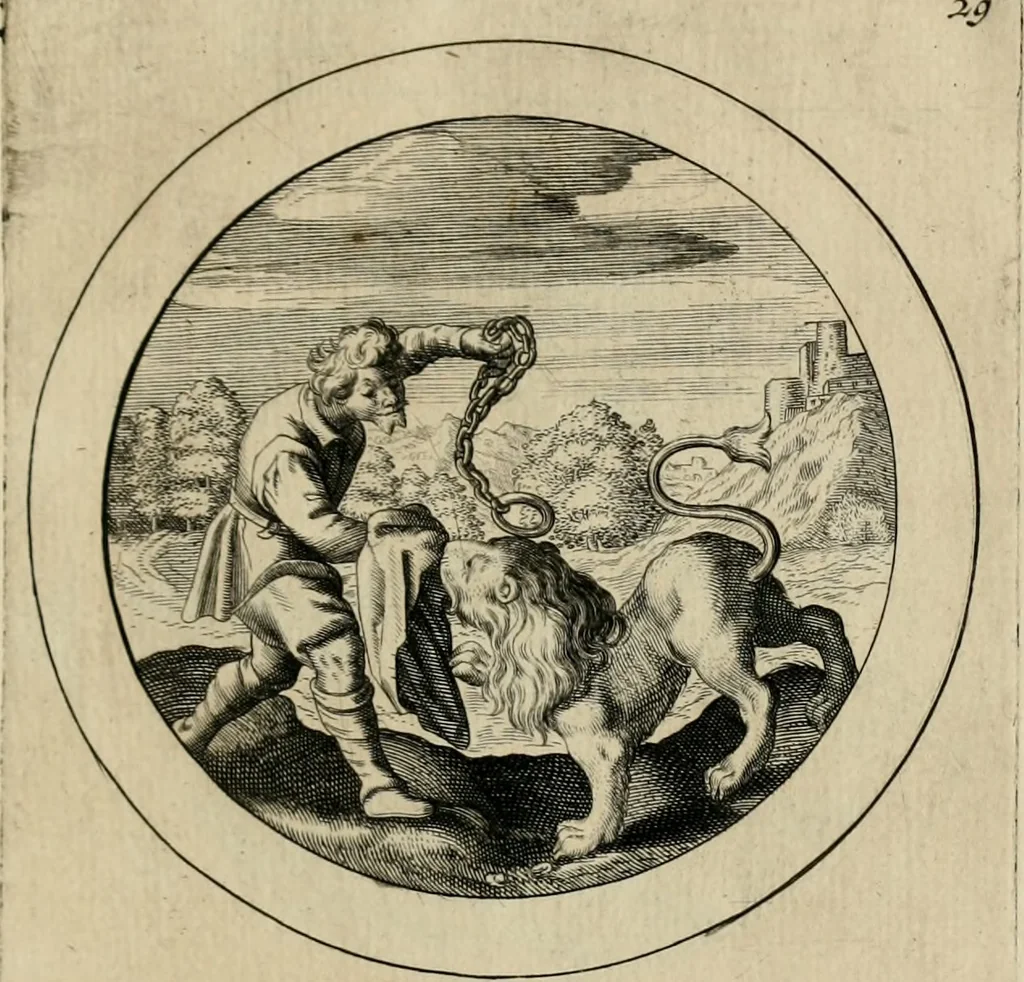 An illustration from Elegantissimorum emblematum corpusculum Latinis Belgicisque versibus elucidatum. Versameling van uytgeleesene sinne-beelden met latynse en nederduitse verklaringen in rym, 1696, leaf 62