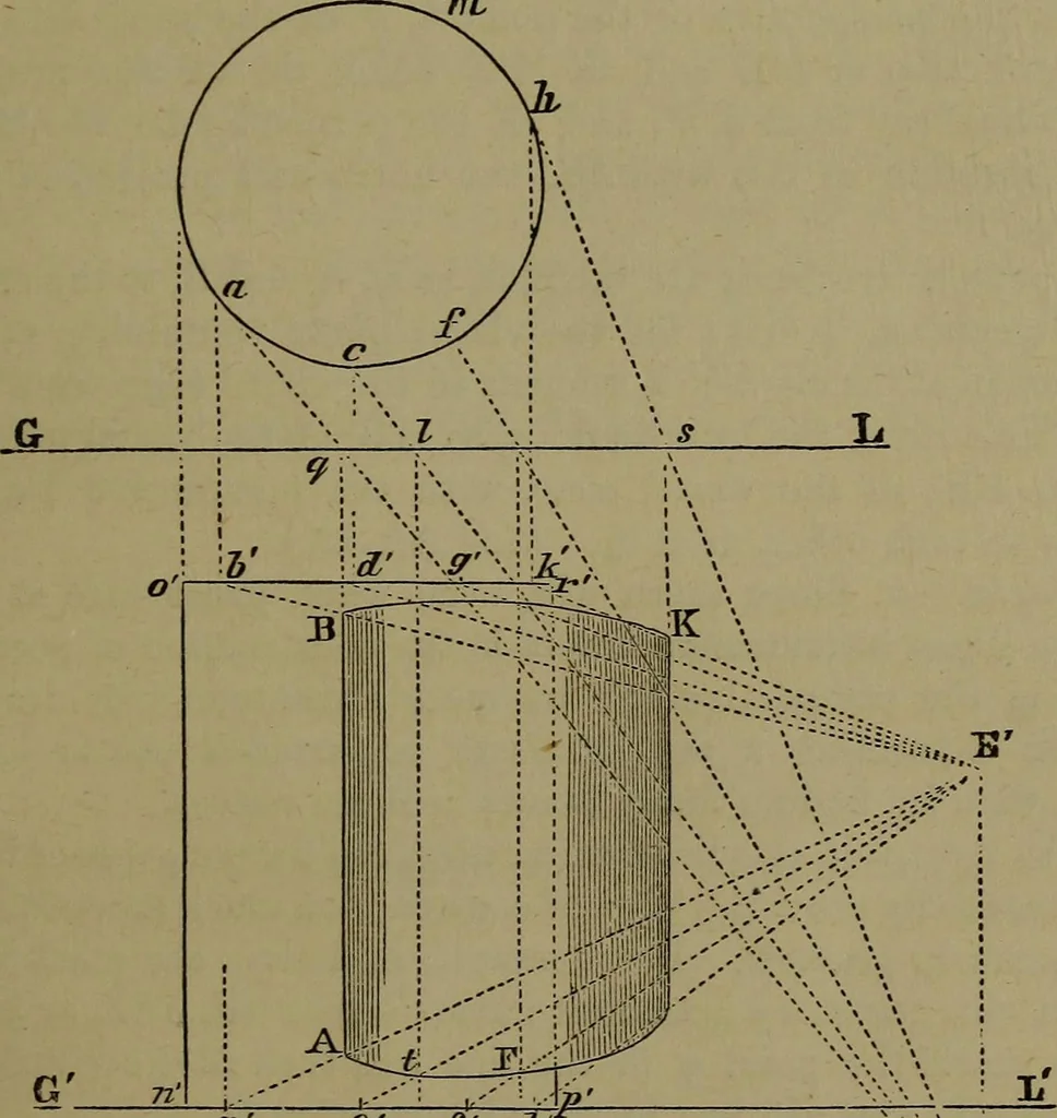 An illustration from Elementary linear perspective of form and shadow ... Complete in itself ... For draftsmen, artists, and industrial drawing courses in preparatory and high schools, etc. In two parts.., 1891, leaf 57