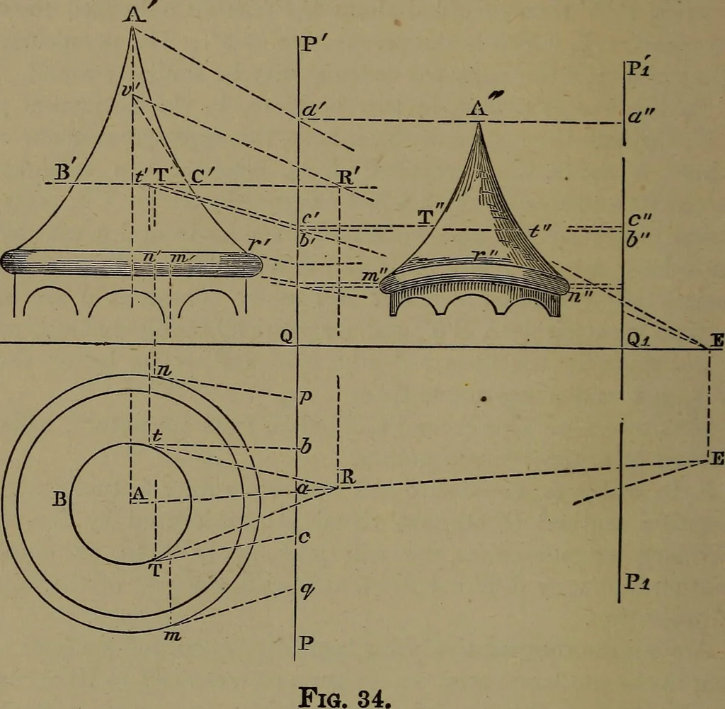 An illustration from Elementary linear perspective of form and shadow ... Complete in itself ... For draftsmen, artists, and industrial drawing courses in preparatory and high schools, etc. In two parts.., 1891, leaf 74