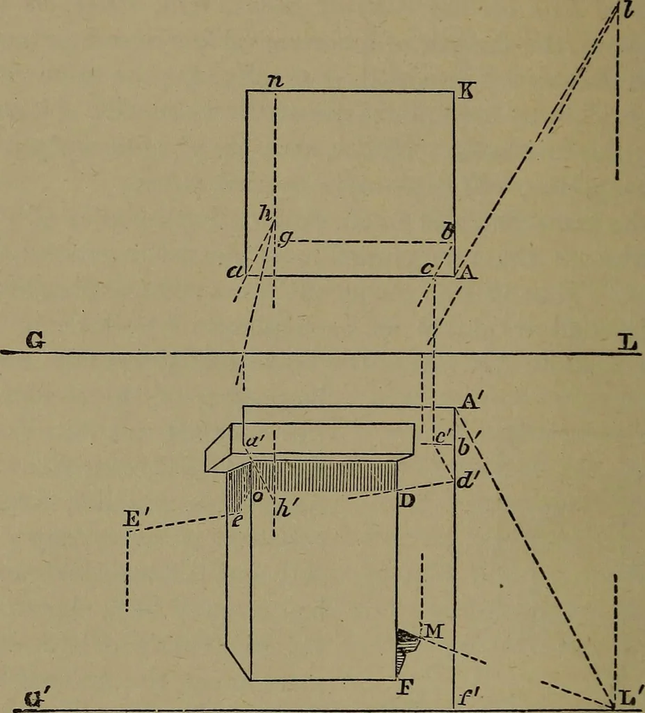 An illustration from Elementary linear perspective of form and shadow ... Complete in itself ... For draftsmen, artists, and industrial drawing courses in preparatory and high schools, etc. In two parts.., 1891, leaf 78