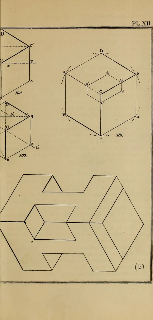 An illustration from Elementary projection drawing. Theory and practice. For preparatory and higher scientific schools, industrial and normal classes; and the self-instruction of teachers, inventors, draftsmen, and artisans. In six divisions .., 1880, leaf 158