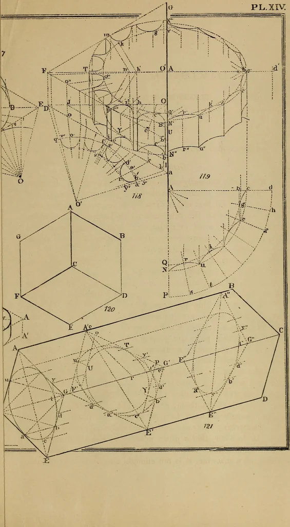 An illustration from Elementary projection drawing. Theory and practice. For preparatory and higher scientific schools, industrial and normal classes; and the self-instruction of teachers, inventors, draftsmen, and artisans. In six divisions .., 1880, leaf 188