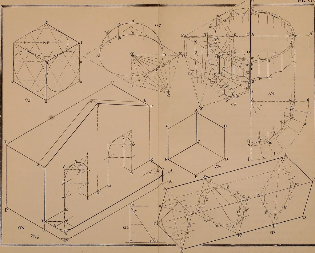 An illustration from Elementary projection drawing. Theory and practice. For preparatory and higher scientific schools, industrial and normal classes; and the self-instruction of teachers, inventors, draftsmen, and artisans. In six divisions .., 1880, leaf 190