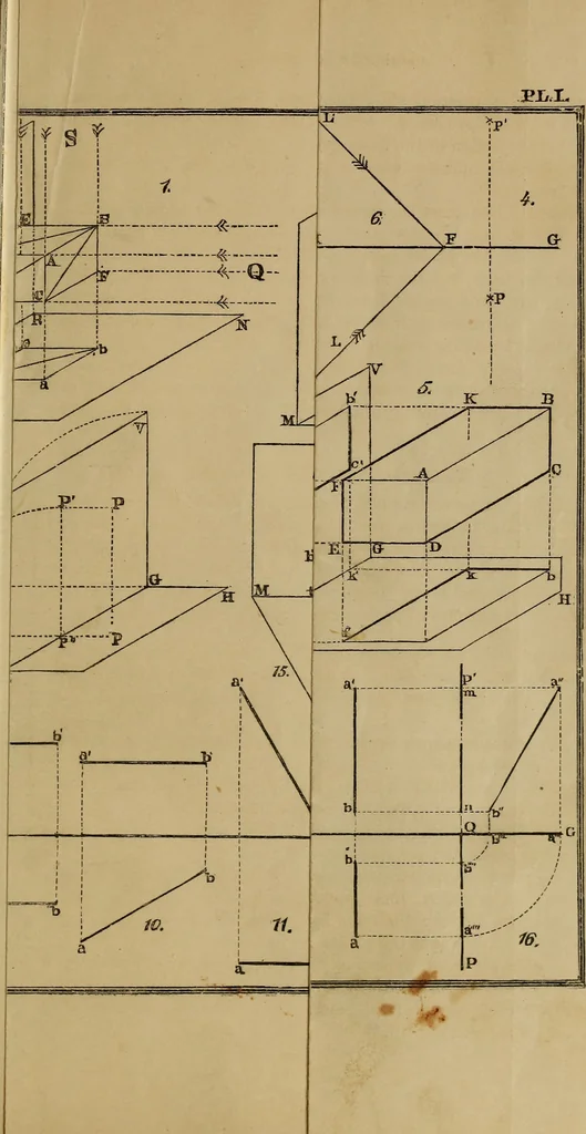 An illustration from Elementary projection drawing. Theory and practice. For preparatory and higher scientific schools, industrial and normal classes; and the self-instruction of teachers, inventors, draftsmen, and artisans. In six divisions .., 1880, leaf 34
