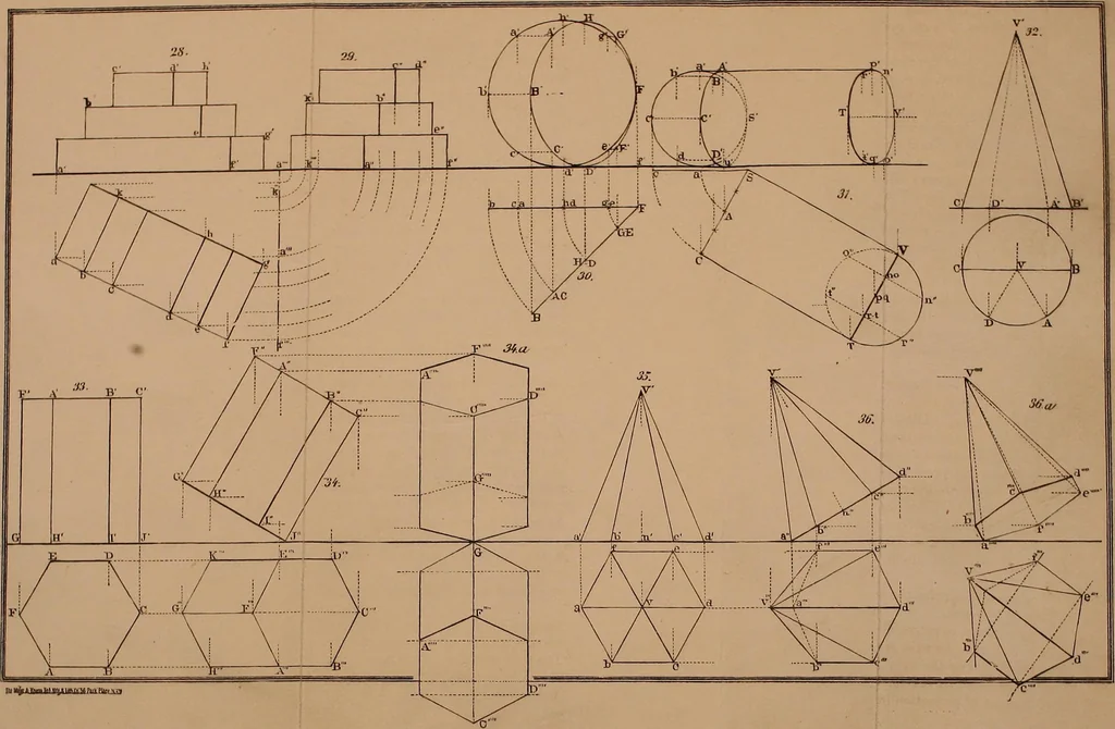 An illustration from Elementary projection drawing. Theory and practice. For preparatory and higher scientific schools, industrial and normal classes; and the self-instruction of teachers, inventors, draftsmen, and artisans. In six divisions .., 1880, leaf 56