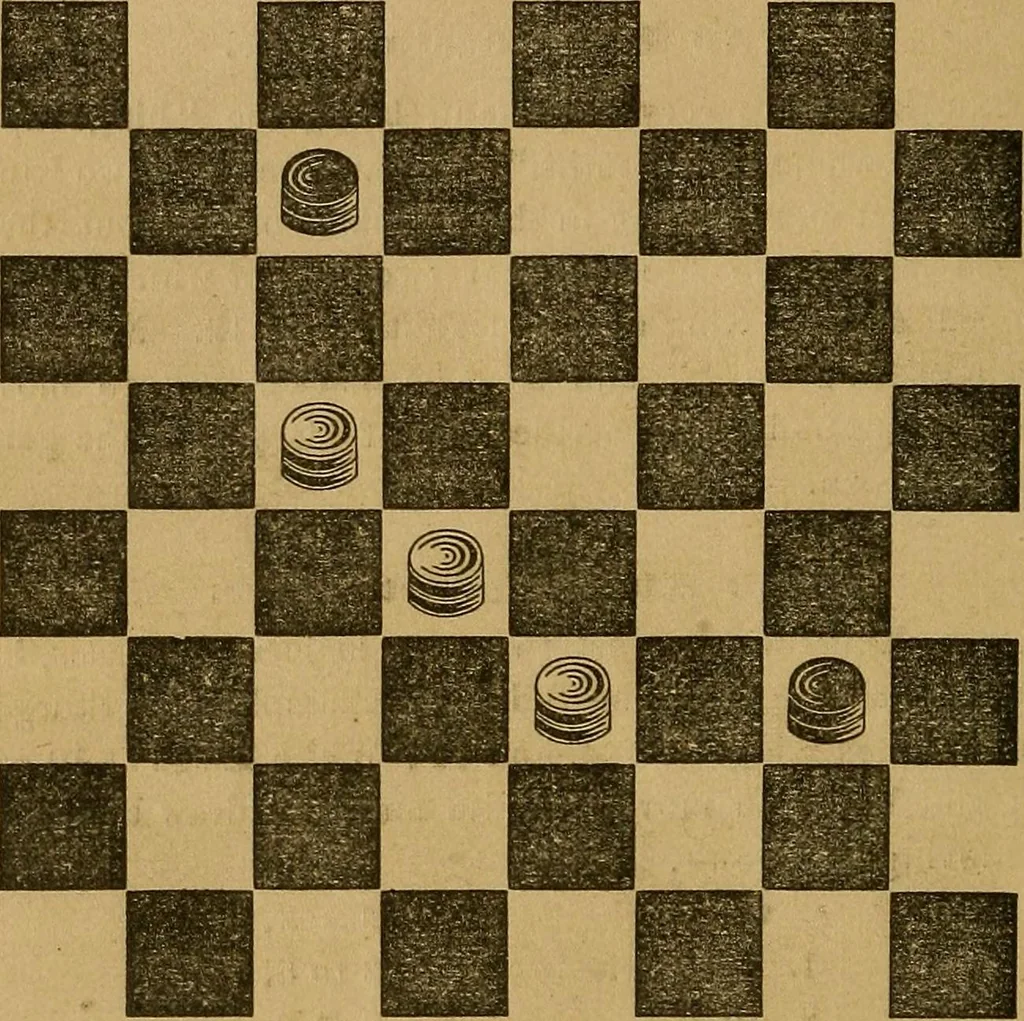 An illustration from The elements of draughts; or, Beginners' sure guide: containing a thorough and minute exposition of every principle separately explained: together with model games .., 1872, leaf 43