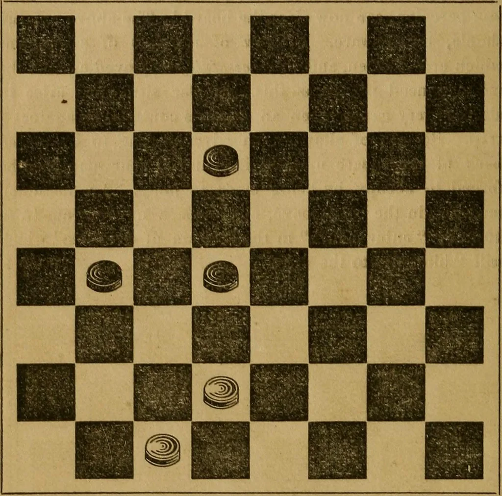 An illustration from The elements of draughts; or, Beginners' sure guide: containing a thorough and minute exposition of every principle separately explained: together with model games .., 1872, leaf 51
