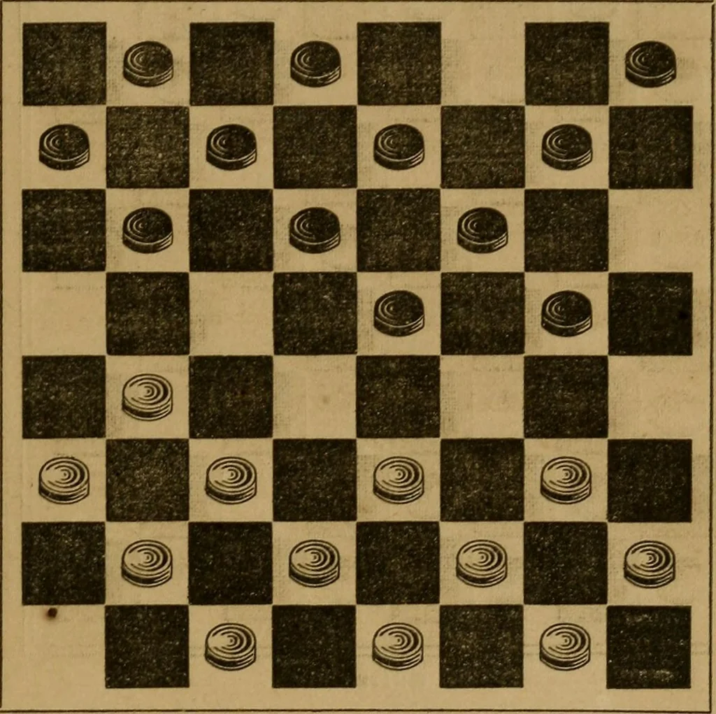 An illustration from The elements of draughts; or, Beginners' sure guide: containing a thorough and minute exposition of every principle separately explained: together with model games .., 1872, leaf 52