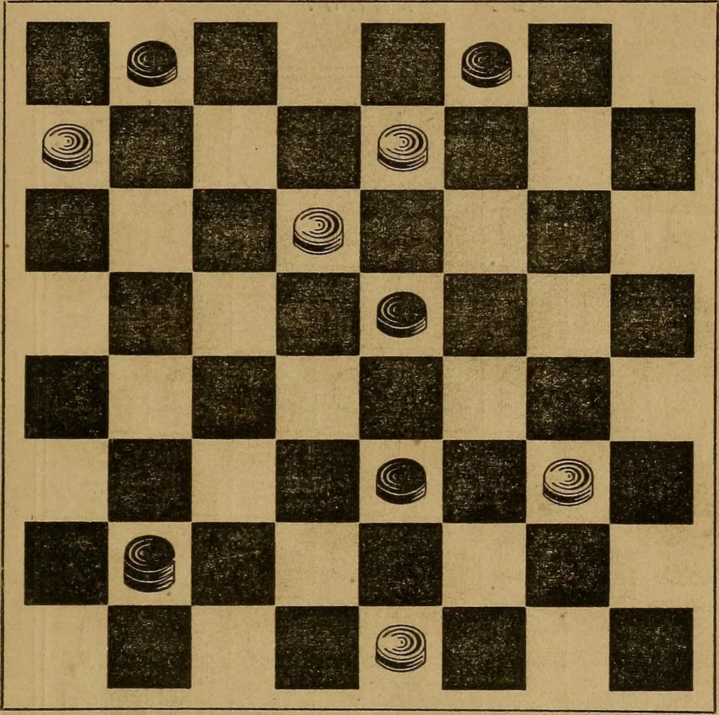 An illustration from The elements of draughts; or, Beginners' sure guide: containing a thorough and minute exposition of every principle separately explained: together with model games .., 1872, leaf 54