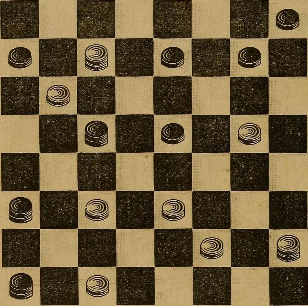 An illustration from The elements of draughts; or, Beginners' sure guide: containing a thorough and minute exposition of every principle separately explained: together with model games .., 1872, leaf 55