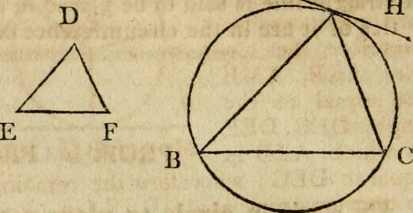 An illustration from The Elements of Euclid : viz. the first six books, together with the eleventh and twelfth : the errors, by which Theon, or others, have long ago vitiated these books, are corrected, and some of Euclid's demonstrations are restored : also, the book of Euclid's Data, in like manner corrected, 1806, leaf 106