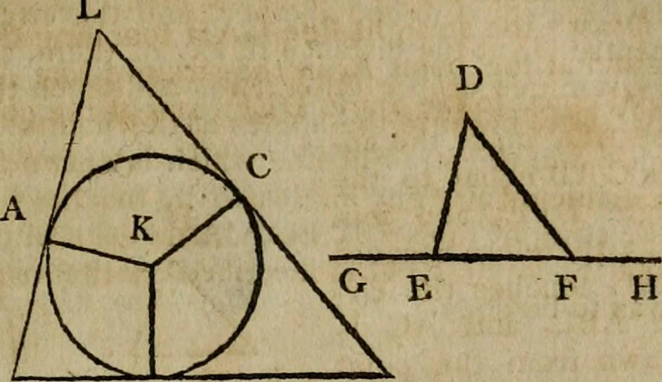An illustration from The Elements of Euclid : viz. the first six books, together with the eleventh and twelfth : the errors, by which Theon, or others, have long ago vitiated these books, are corrected, and some of Euclid's demonstrations are restored : also, the book of Euclid's Data, in like manner corrected, 1806, leaf 107