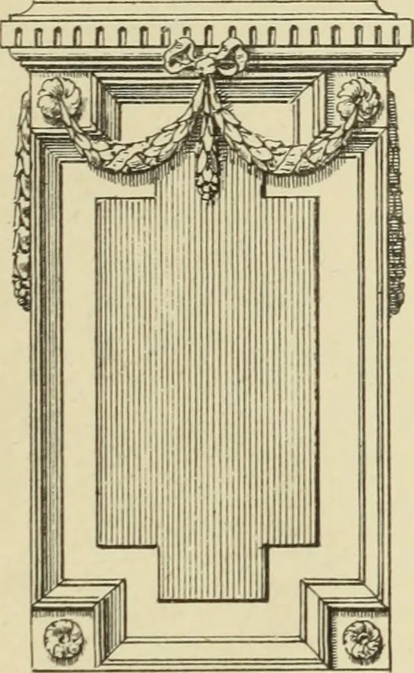 An illustration from Elements of style in furniture and woodwork, being a series of details of the Italian, German Renaissance, Elizabethan, Louis XIVth, Louis XVth, Louis XVIth, Sheraton, Adams, Empire, Chinese, Japanese, and Moresque styles ... for the use of architects, furniture designers, cabinet makers and others, 1889, leaf 100