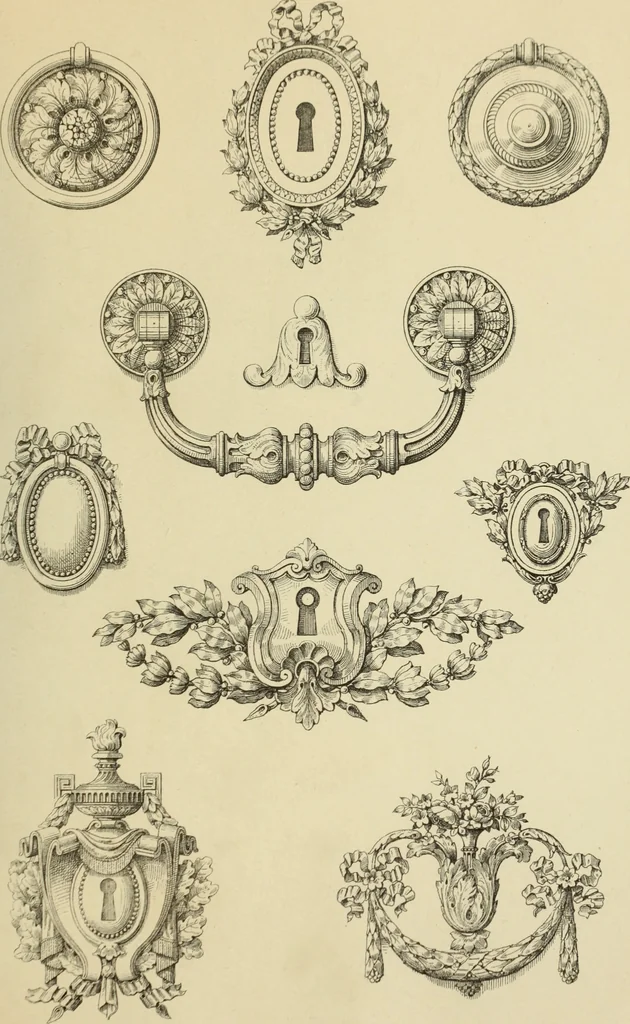 An illustration from Elements of style in furniture and woodwork, being a series of details of the Italian, German Renaissance, Elizabethan, Louis XIVth, Louis XVth, Louis XVIth, Sheraton, Adams, Empire, Chinese, Japanese, and Moresque styles ... for the use of architects, furniture designers, cabinet makers and others, 1889, leaf 102