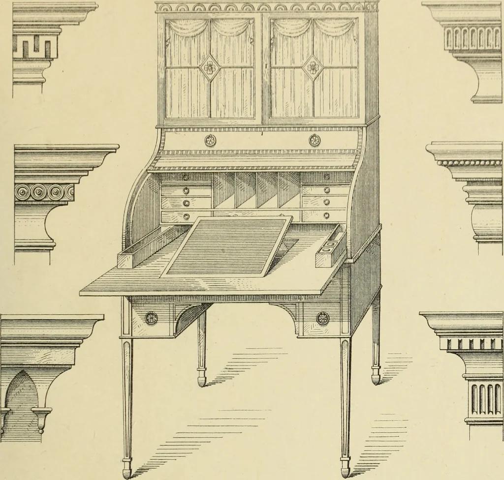 An illustration from Elements of style in furniture and woodwork, being a series of details of the Italian, German Renaissance, Elizabethan, Louis XIVth, Louis XVth, Louis XVIth, Sheraton, Adams, Empire, Chinese, Japanese, and Moresque styles ... for the use of architects, furniture designers, cabinet makers and others, 1889, leaf 104