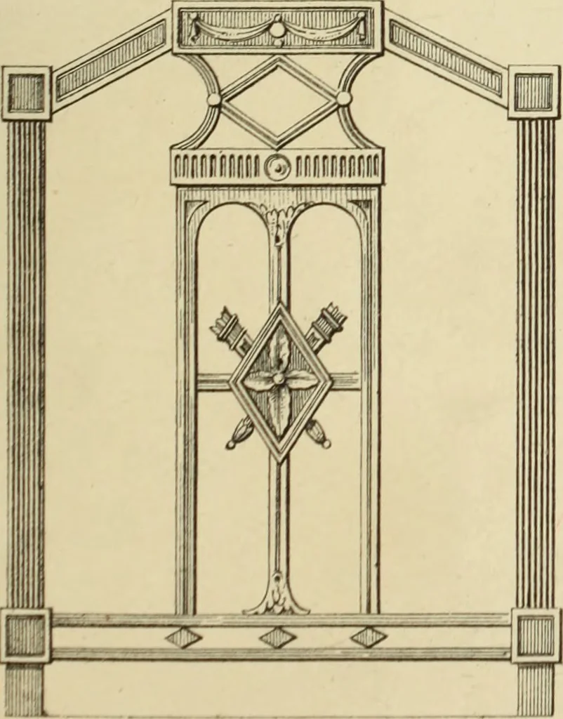 An illustration from Elements of style in furniture and woodwork, being a series of details of the Italian, German Renaissance, Elizabethan, Louis XIVth, Louis XVth, Louis XVIth, Sheraton, Adams, Empire, Chinese, Japanese, and Moresque styles ... for the use of architects, furniture designers, cabinet makers and others, 1889, leaf 104