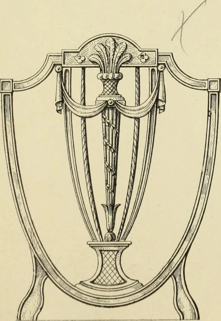 An illustration from Elements of style in furniture and woodwork, being a series of details of the Italian, German Renaissance, Elizabethan, Louis XIVth, Louis XVth, Louis XVIth, Sheraton, Adams, Empire, Chinese, Japanese, and Moresque styles ... for the use of architects, furniture designers, cabinet makers and others, 1889, leaf 104