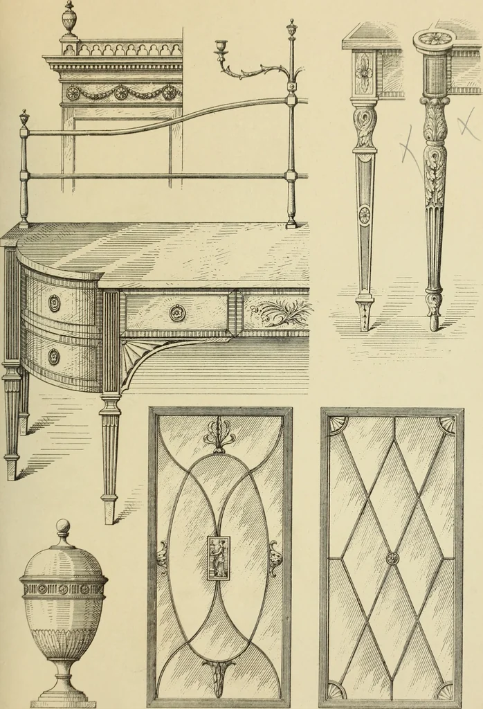 An illustration from Elements of style in furniture and woodwork, being a series of details of the Italian, German Renaissance, Elizabethan, Louis XIVth, Louis XVth, Louis XVIth, Sheraton, Adams, Empire, Chinese, Japanese, and Moresque styles ... for the use of architects, furniture designers, cabinet makers and others, 1889, leaf 106