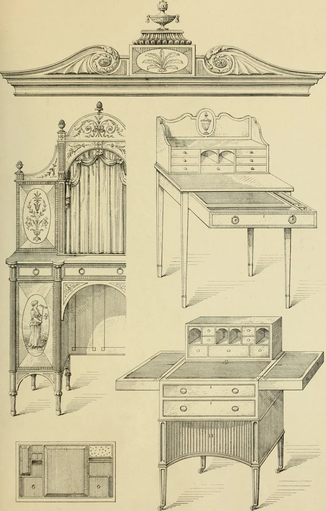 An illustration from Elements of style in furniture and woodwork, being a series of details of the Italian, German Renaissance, Elizabethan, Louis XIVth, Louis XVth, Louis XVIth, Sheraton, Adams, Empire, Chinese, Japanese, and Moresque styles ... for the use of architects, furniture designers, cabinet makers and others, 1889, leaf 108