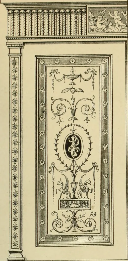 An illustration from Elements of style in furniture and woodwork, being a series of details of the Italian, German Renaissance, Elizabethan, Louis XIVth, Louis XVth, Louis XVIth, Sheraton, Adams, Empire, Chinese, Japanese, and Moresque styles ... for the use of architects, furniture designers, cabinet makers and others, 1889, leaf 110