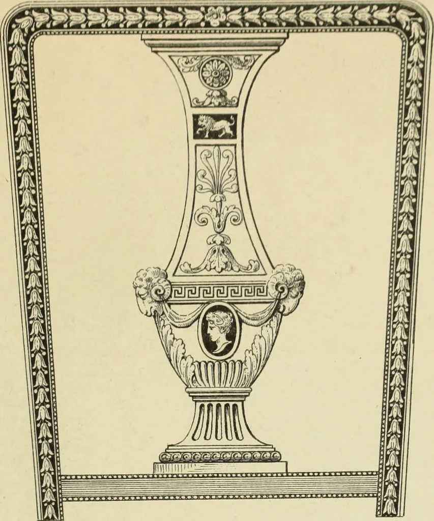 An illustration from Elements of style in furniture and woodwork, being a series of details of the Italian, German Renaissance, Elizabethan, Louis XIVth, Louis XVth, Louis XVIth, Sheraton, Adams, Empire, Chinese, Japanese, and Moresque styles ... for the use of architects, furniture designers, cabinet makers and others, 1889, leaf 110