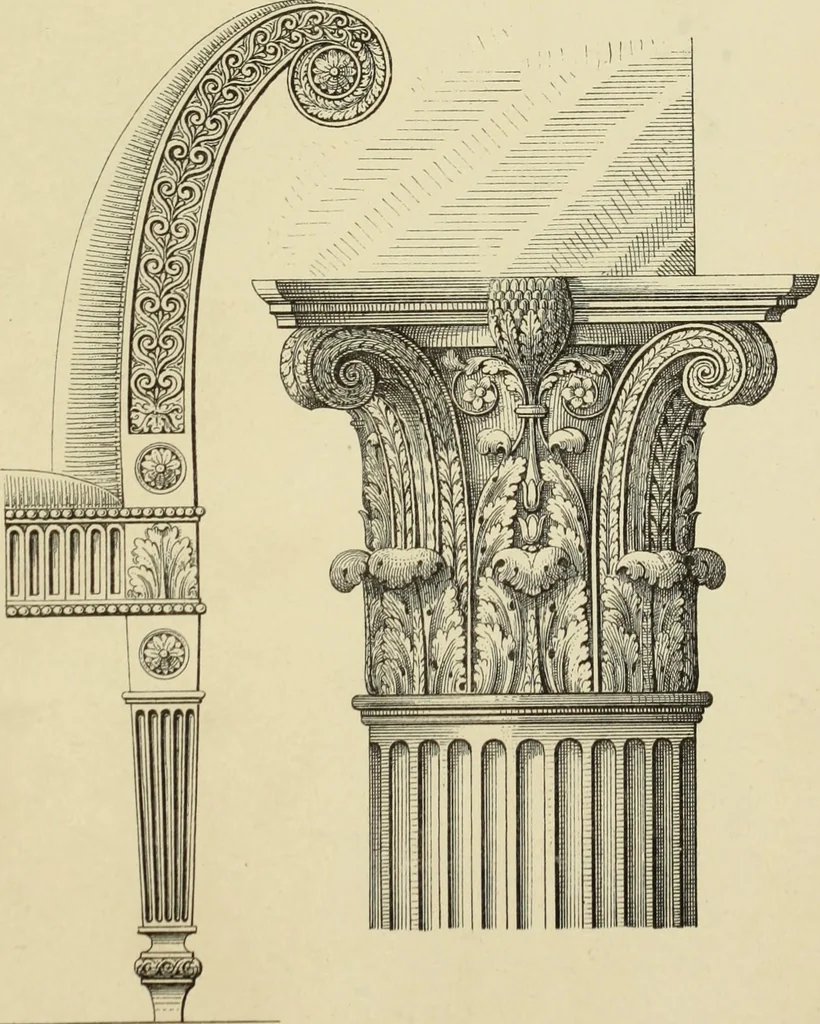 An illustration from Elements of style in furniture and woodwork, being a series of details of the Italian, German Renaissance, Elizabethan, Louis XIVth, Louis XVth, Louis XVIth, Sheraton, Adams, Empire, Chinese, Japanese, and Moresque styles ... for the use of architects, furniture designers, cabinet makers and others, 1889, leaf 110