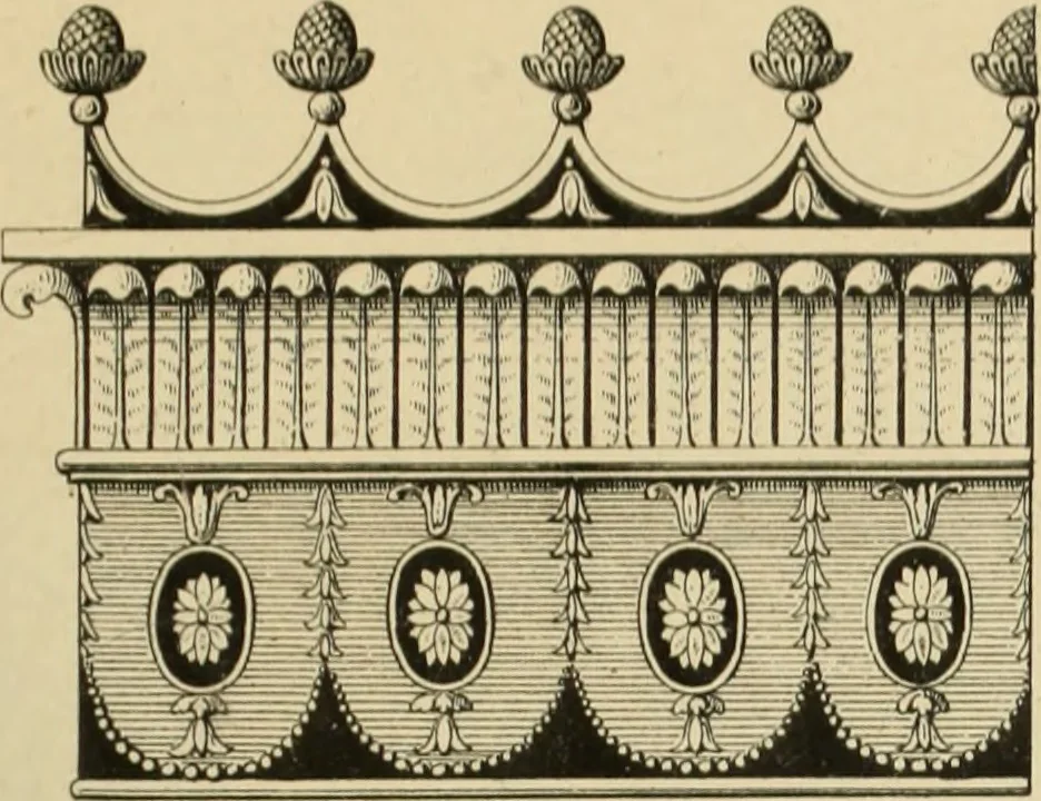 An illustration from Elements of style in furniture and woodwork, being a series of details of the Italian, German Renaissance, Elizabethan, Louis XIVth, Louis XVth, Louis XVIth, Sheraton, Adams, Empire, Chinese, Japanese, and Moresque styles ... for the use of architects, furniture designers, cabinet makers and others, 1889, leaf 112