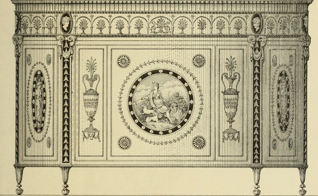 An illustration from Elements of style in furniture and woodwork, being a series of details of the Italian, German Renaissance, Elizabethan, Louis XIVth, Louis XVth, Louis XVIth, Sheraton, Adams, Empire, Chinese, Japanese, and Moresque styles ... for the use of architects, furniture designers, cabinet makers and others, 1889, leaf 112