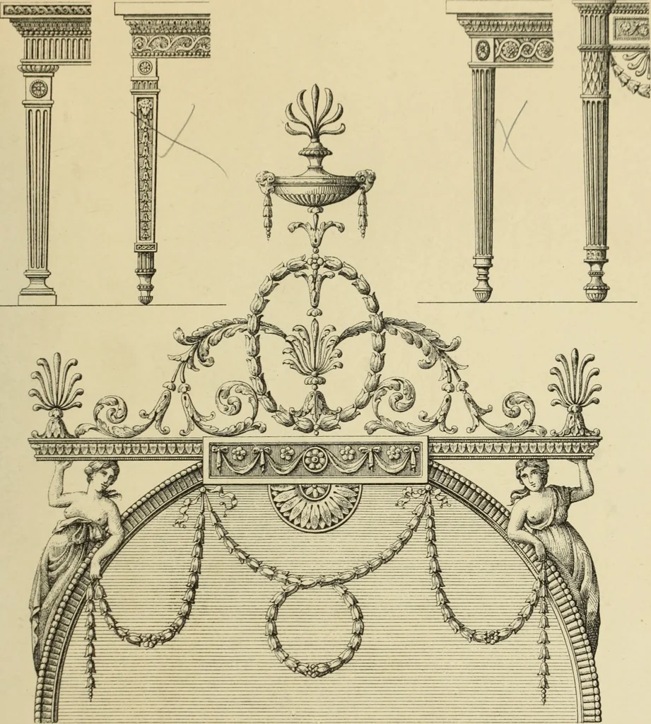 An illustration from Elements of style in furniture and woodwork, being a series of details of the Italian, German Renaissance, Elizabethan, Louis XIVth, Louis XVth, Louis XVIth, Sheraton, Adams, Empire, Chinese, Japanese, and Moresque styles ... for the use of architects, furniture designers, cabinet makers and others, 1889, leaf 114