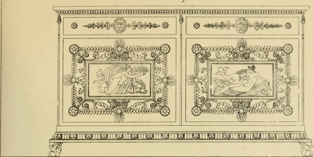 An illustration from Elements of style in furniture and woodwork, being a series of details of the Italian, German Renaissance, Elizabethan, Louis XIVth, Louis XVth, Louis XVIth, Sheraton, Adams, Empire, Chinese, Japanese, and Moresque styles ... for the use of architects, furniture designers, cabinet makers and others, 1889, leaf 116