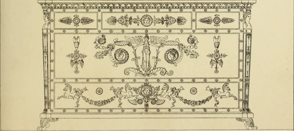 An illustration from Elements of style in furniture and woodwork, being a series of details of the Italian, German Renaissance, Elizabethan, Louis XIVth, Louis XVth, Louis XVIth, Sheraton, Adams, Empire, Chinese, Japanese, and Moresque styles ... for the use of architects, furniture designers, cabinet makers and others, 1889, leaf 116