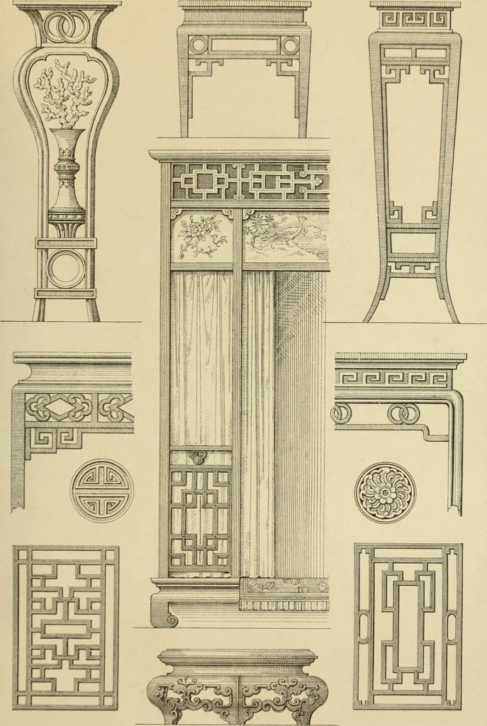 An illustration from Elements of style in furniture and woodwork, being a series of details of the Italian, German Renaissance, Elizabethan, Louis XIVth, Louis XVth, Louis XVIth, Sheraton, Adams, Empire, Chinese, Japanese, and Moresque styles ... for the use of architects, furniture designers, cabinet makers and others, 1889, leaf 118