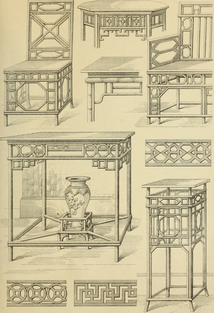 An illustration from Elements of style in furniture and woodwork, being a series of details of the Italian, German Renaissance, Elizabethan, Louis XIVth, Louis XVth, Louis XVIth, Sheraton, Adams, Empire, Chinese, Japanese, and Moresque styles ... for the use of architects, furniture designers, cabinet makers and others, 1889, leaf 120