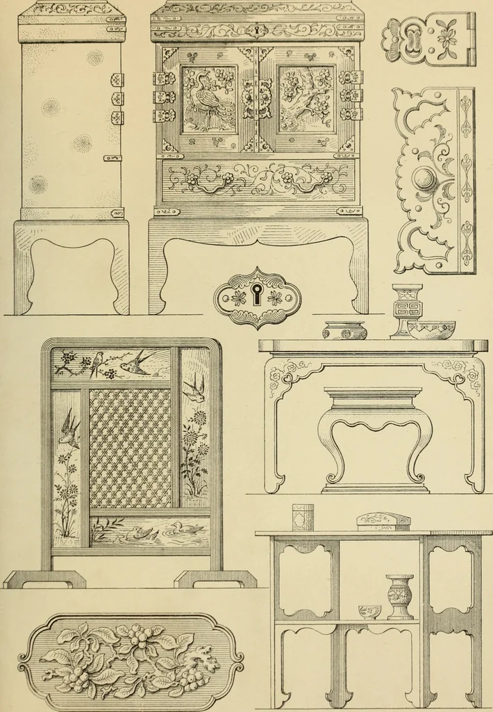 An illustration from Elements of style in furniture and woodwork, being a series of details of the Italian, German Renaissance, Elizabethan, Louis XIVth, Louis XVth, Louis XVIth, Sheraton, Adams, Empire, Chinese, Japanese, and Moresque styles ... for the use of architects, furniture designers, cabinet makers and others, 1889, leaf 122
