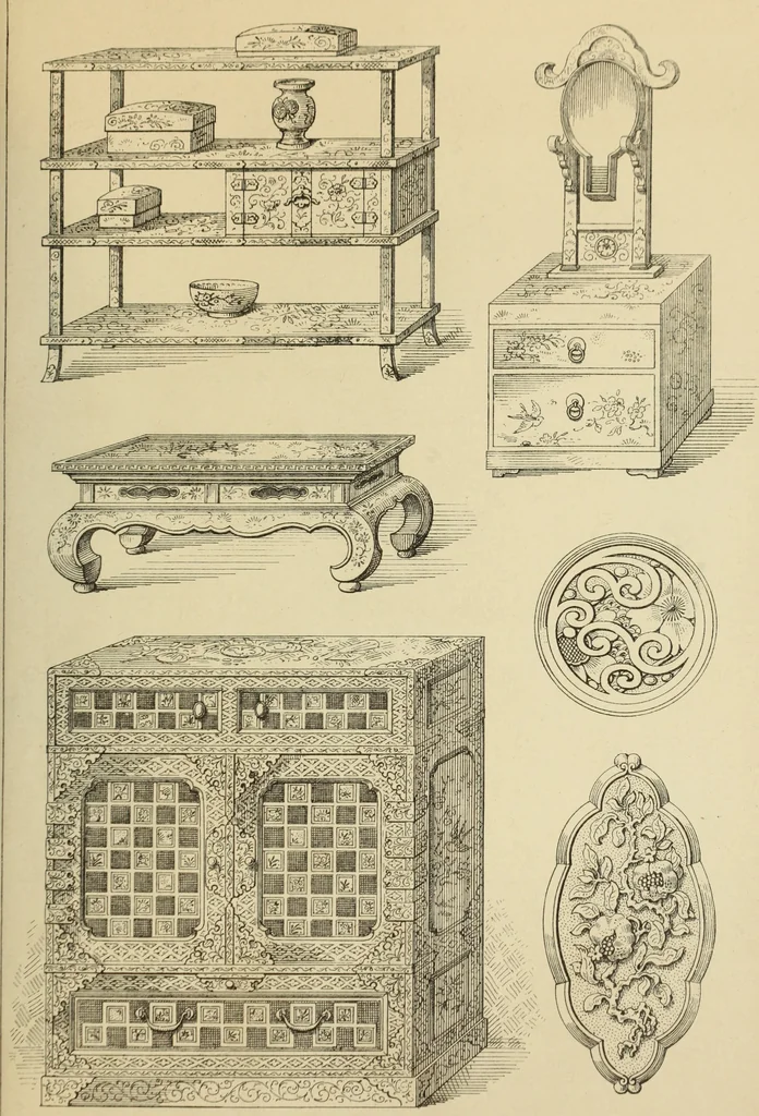 An illustration from Elements of style in furniture and woodwork, being a series of details of the Italian, German Renaissance, Elizabethan, Louis XIVth, Louis XVth, Louis XVIth, Sheraton, Adams, Empire, Chinese, Japanese, and Moresque styles ... for the use of architects, furniture designers, cabinet makers and others, 1889, leaf 124